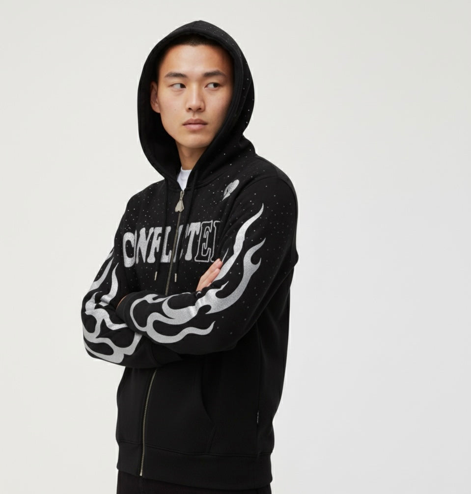 Black Rhinestone And Flame Jacket